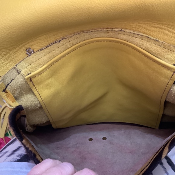 GUC handmade western fringe yellow leather with animal print crossbody - Picture 10 of 16